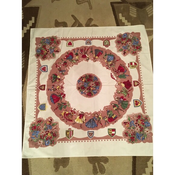 VTG 1950s-60s Tablecloth Floral Family Crests Dancing People ARTEX Table Decor - Picture 1 of 6